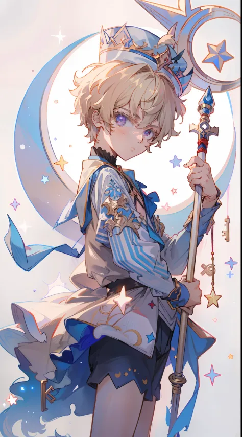 Anime boy with stars and wand in his hands, Delicate prince, portrait of magical blond prince, highly detailed exquisite fanart,...