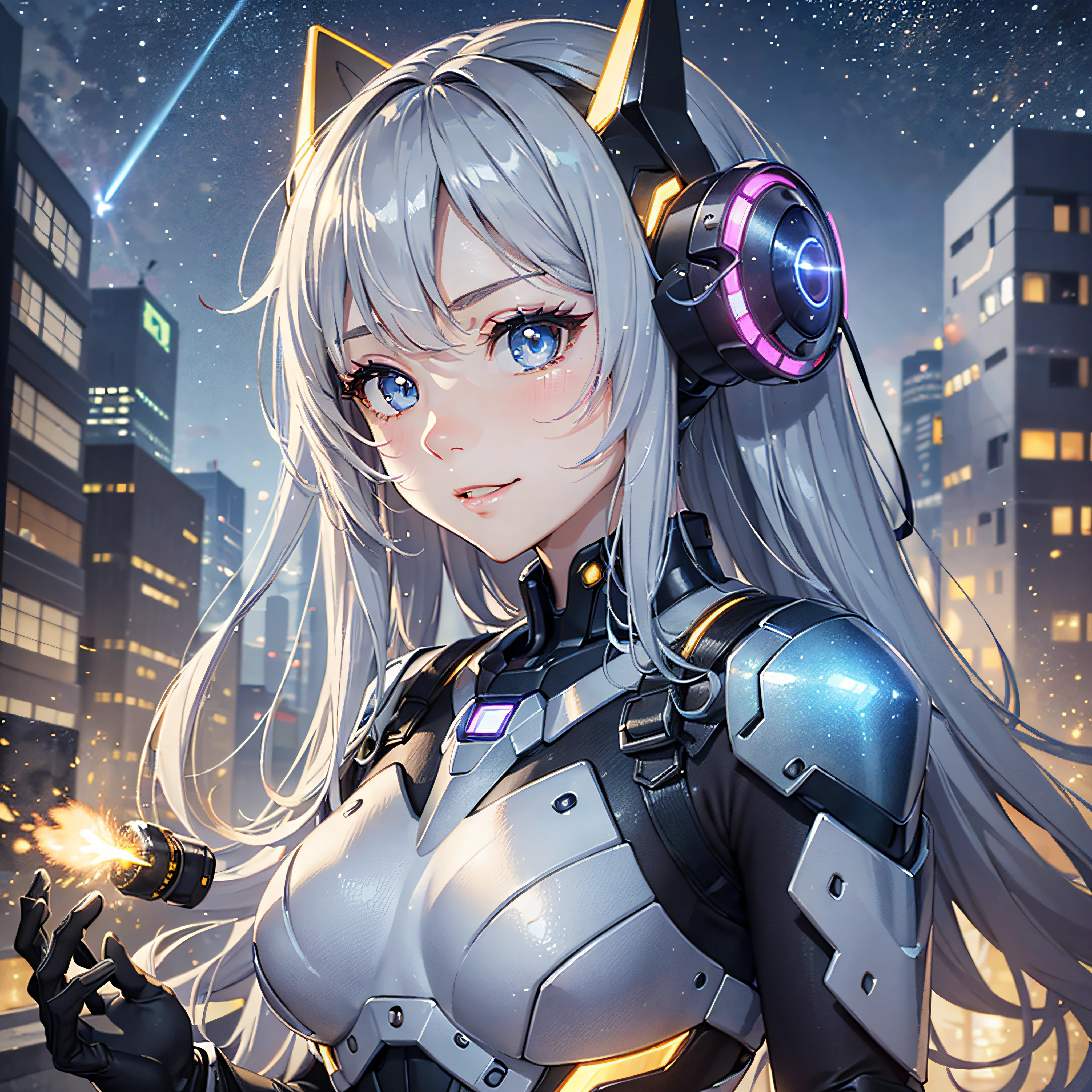 A woman in a futuristic suit with headphones on and a gun - SeaArt AI