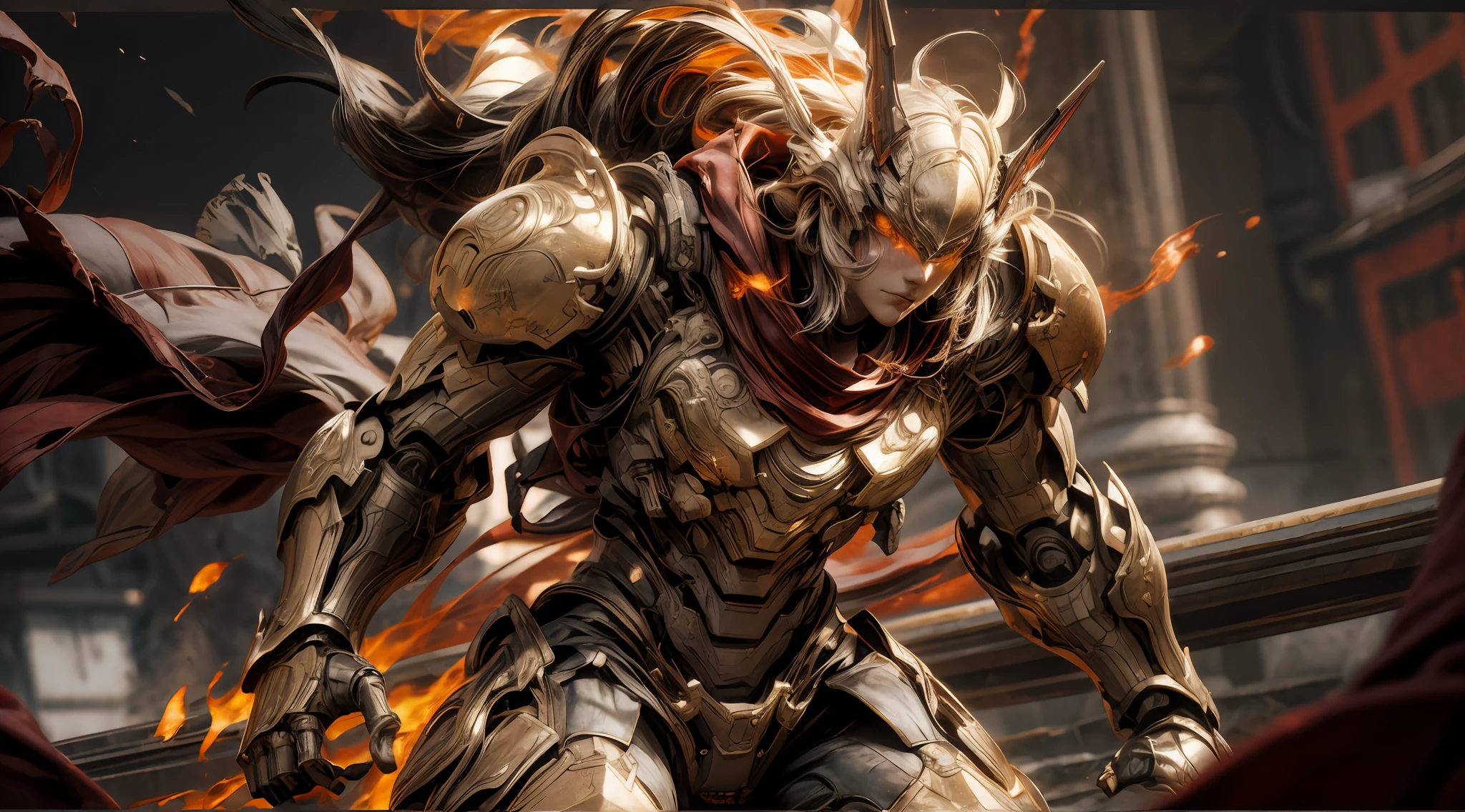 Um lindo jogo CG com o tema Doomsday como corpo principal, hiper-detalhado, esta é uma estrutura complexa em preto claro e branco claro do mecha, suas mãos seguram uma larga espada de armadura pesada, emitindo uma luz vermelha ardente: 1.2, os olhos emitem uma luz vermelha deslumbrante: 0.8, Desenho bidimensional 3D, o lenço das ondas quebrando balança com o vento, desenho de anime, claro-escuro, efeitos especiais leves, mecha detalhado e requintado, rosto mecha delicado e claro, fonte de luz nos olhos, fundo queimando fogo do campo de batalha mecânico quebrado