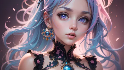 "((painting masterpiece)), Literary atmosphere, Vivid colors, CG HD wallpaper with rich texture pattern detail, Strong-willed image, (1girll), Long windy hair, Shawl beautiful neck, (blue color eyes+red tinted hair:1.2+blue hairs+Purple colored hair:1.3+Gr...