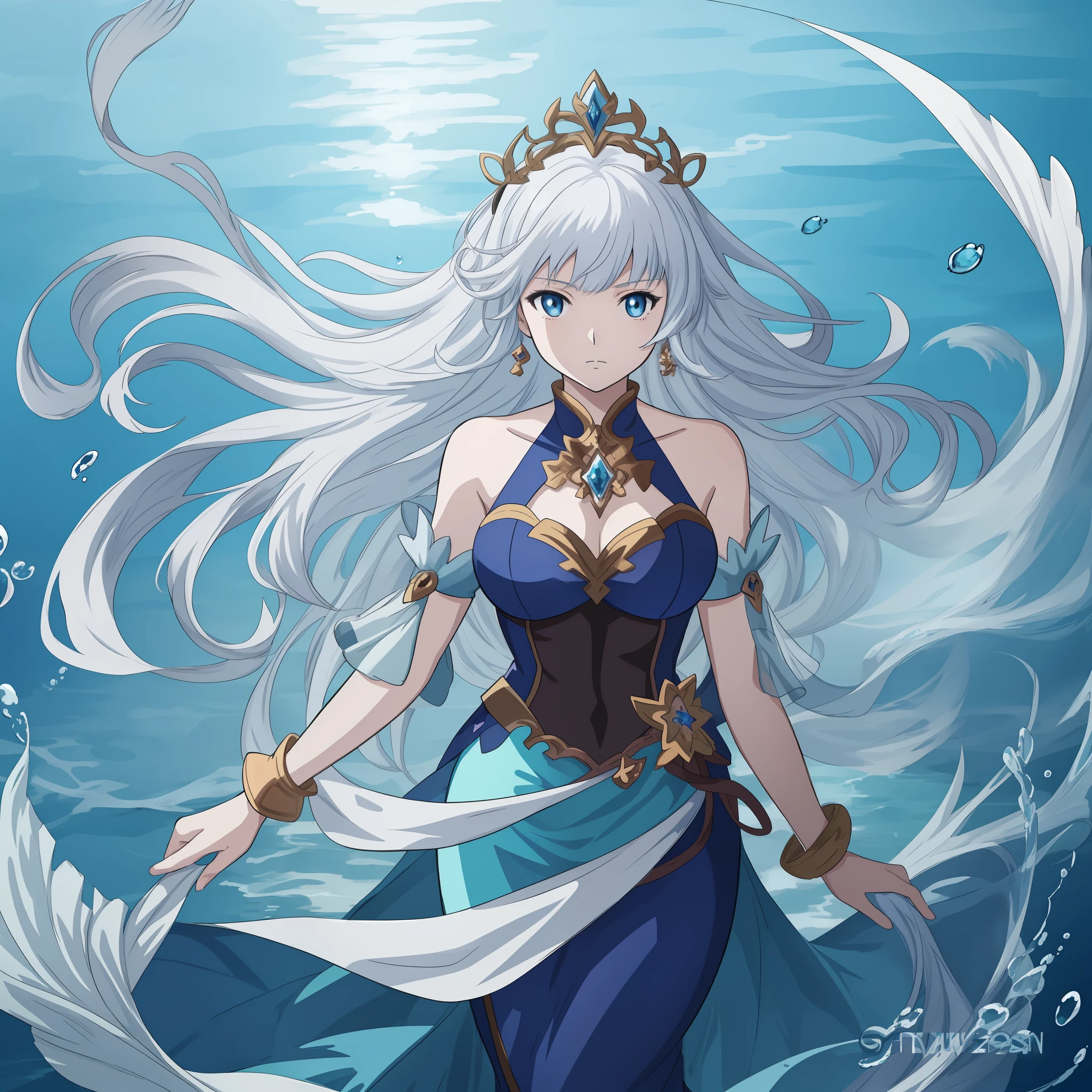 anime girl dans une robe bleue debout dans l’eau, Papier peint anime eau bleue, Tendances sur ArtStation pixiv, Granblue Fantaisie, déesse de l&#39;océan, bel anime fantastique, &quot;belle femme anime, art animé numérique détaillé, Illustration fantastique d&#39;anime, Déesse de la mer, Bel art animéwork, art animé détaillé, Bel art animé, art animé de haute qualité, cheveux blancs, Sirène