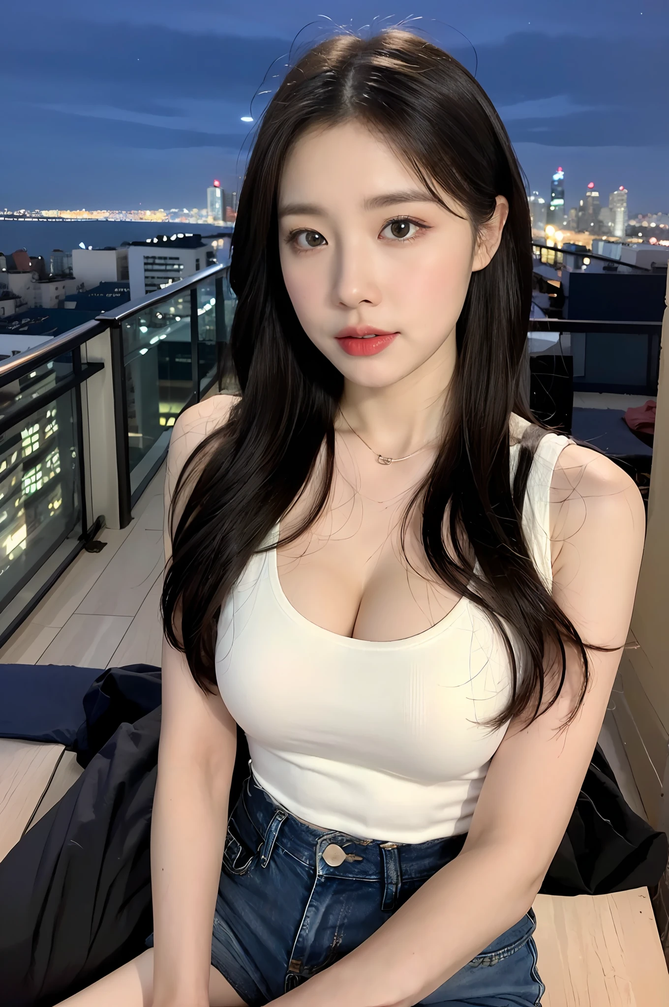 ((Midnight, Best quality, 8k, Masterpiece :1.3)), (realistic, photo-realistic:1.37), (ultra high res:1.2),(RAW photo:1.2), (sharp focus:1.3), (face focus:1.2), full body, (A extremely cute and pretty woman with perfect figure :1.4), (Slender abs :1.1), ((chestnut wavy hair:1.2)), ((Large breasts :1.25)), (White tight sleeveless turtle shirt:1.3), (denim shorts:1.3), Standing, ((Night city view, Rooftop:1.3)), Highly detailed face and skin texture, Detailed eyes, Double eyelid, (pale skin:1.3), bokeh, depth of field, looking straight the viewer,