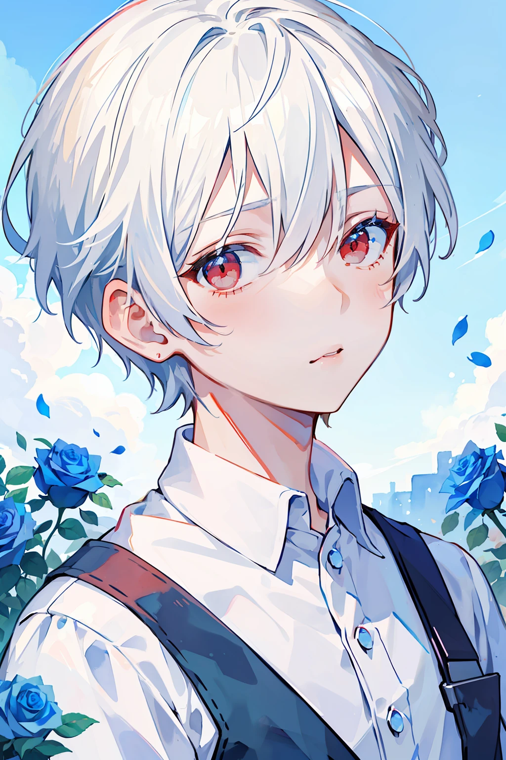 (high-quality, breathtaking),(expressive eyes, perfect face), 1boy, male, solo, short, young boy, short white hair, red eyes, ( watercolor \(medium\), blue sky background, water, roses