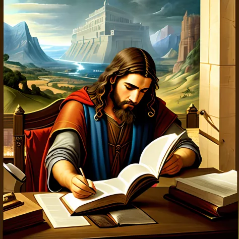 uma pintura de um homem lendo um jornal ao lado de um celeiro, ark of noah, moses, biblical image, ancient biblical, bible illus...