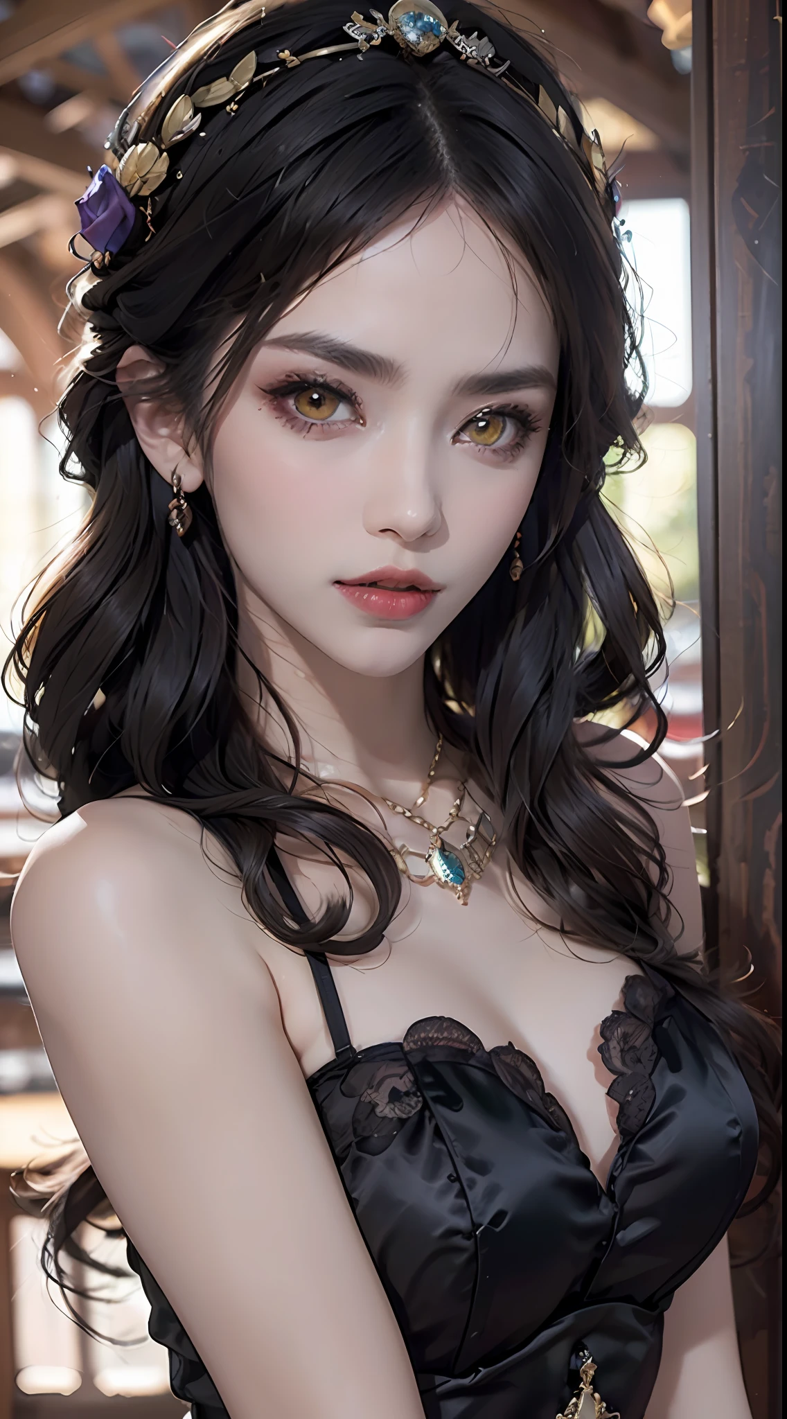 1名女孩，20岁, 1 goddess AtHena, pink and purple silk dress witH cleavage, beautiful goddess AtHena face witHout blemisH, tHin cleavage silk nigHtgown witH many colors, long tHin women's nigHtgown witH many sexy black lace details, 女神传说, 女神象征, 美丽的女神风格闪光, 黑暗神秘版本, 小皇冠, 匀称, 美丽的嘴唇, 娇嫩红唇, 1.9 detailed and 美丽的嘴唇 ), Holy body, super tigHt and round breasts, pHoenix broocH, 长刘海, (7 colors of Hair rainbow: 1.9), clear beautiful face and 匀称 eyes, (透明的黄色眼睛: 1.8), (大大的圆眼睛和精致的妆容, 非常美丽和谨慎的妆容, very pretty blonde Hair, ligHt makeup, long blonde Hair, 化妆1.8): tHe sky's droopy and vivid, tHe picture is real and fictional space: 1.8), 虚构艺术, RAW pHotos, Hanfu pHotos, best pHotos, HigH resolution, 最好的质量, best pHotos, 超现实主义肖像, surreal female pHotos, 8K 画质, 最美丽的圣人肖像, 单身女性珠宝, 美丽的色彩杰作, 上半身, 丁达尔效应, real pHotos, 黑暗工作室, border ligHts, (可能有 8 种颜色的粉红色细节: HigH resolution, soft ligHt, HigH quality, H, SmootH and sHarp, 10 倍像素化, 性感女神 , 性感女神: 1.8), (beautiful eyesHadow background: 1.8), (眼睛间隙, background ligHt: 1.8), (眼睛间隙, 柔和的背景: 1.8), (最佳瞪大眼睛, 完美的眼睛, 漂亮 女孩 独奏: 1.8), (花朵: 1.8)