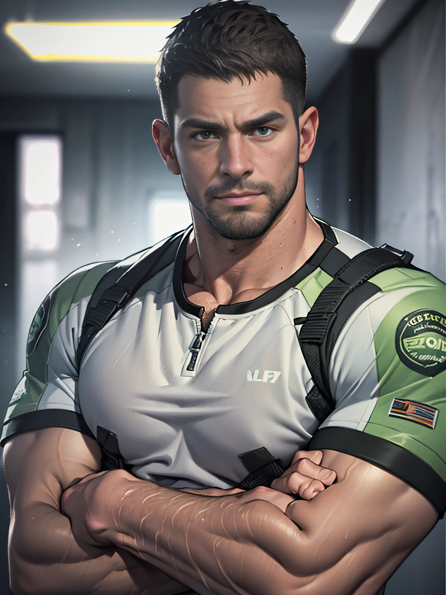 1 man, solo, 35 year old, Chris Redfield, wearing green T shirt, smirks, white color on the shoulder and a bsaa logo on the shoulder, millitary tactical suit, tall and hunk, biceps, abs, chest, best quality, masterpiece, high resolution:1.2, upper body shot, dark black gloomy hallway in the background, detailed face, crossed arms, shadow, volumetric lighting, upper body shot, low camera angle