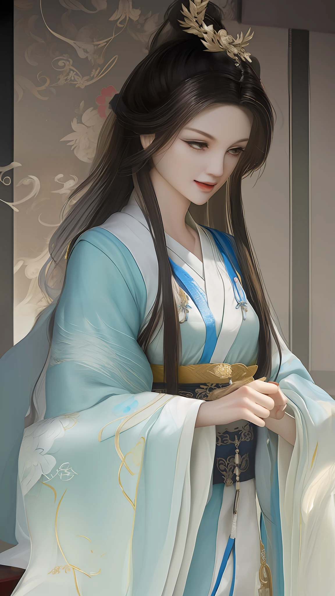 best qualtiy，tmasterpiece，highly detailed wallpaper，1 beautiful woman，female focus，brunette color hair，long whitr hair，Detailed face，gorgeous hair accessory，looking at viewert，Hanfu，Ultra-high resolution，sketching，ink wash style