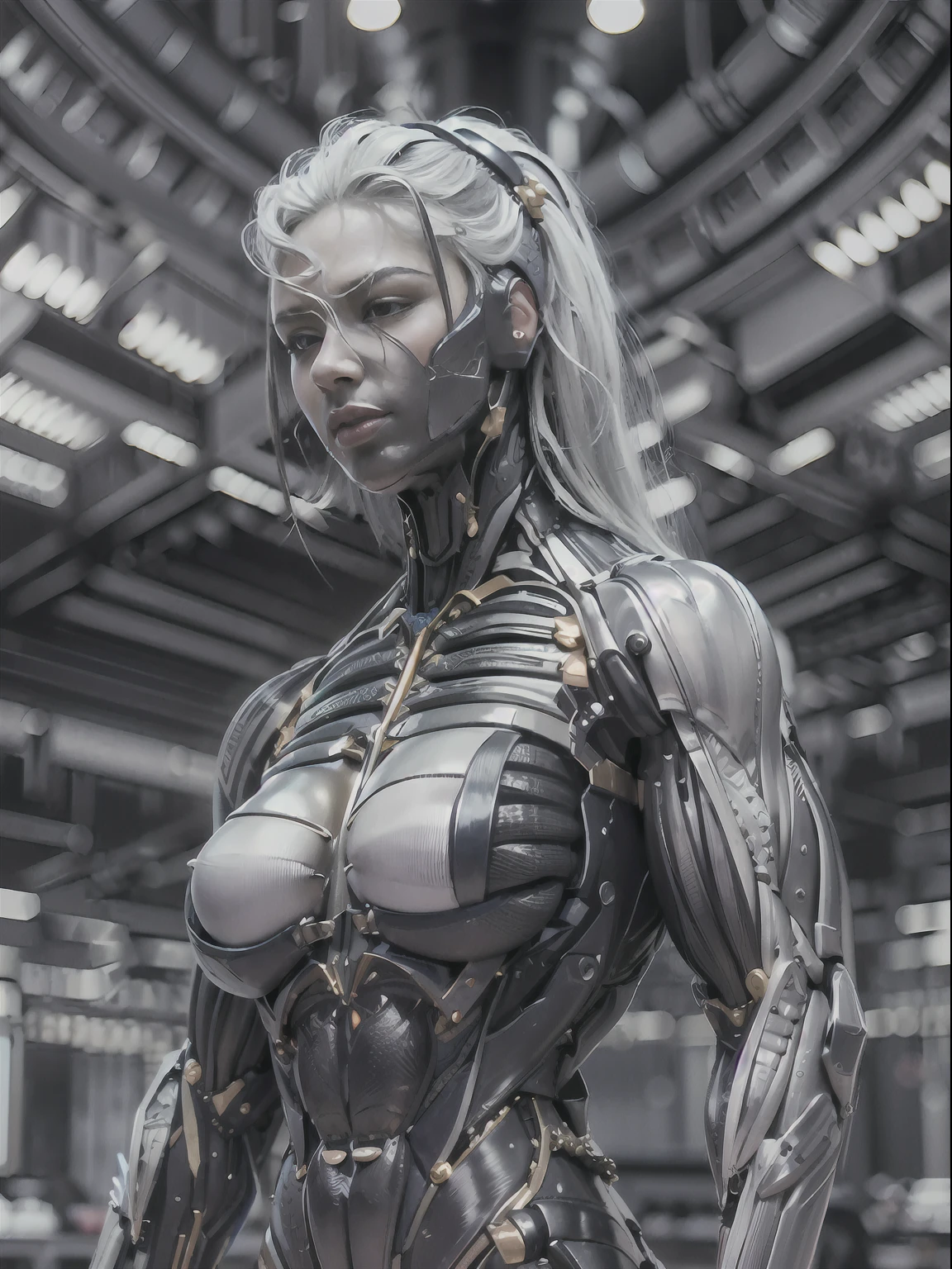(城堡女王:1.25), (muscular black 城堡女王 metallic filigree 错综复杂 cybernetic skin tight muscle suit:1.5), (全身姿势:1.5), 白皮肤, 白色的头发, (完美的解剖结构:1.5), (巨大的肌肉手臂:1.5), 完美模特脸, 美丽灿烂的微笑, (超级肌肉体质:1.5), (((臀部狭窄))), (到处都是电缆:1.25), 瘦大腿, (较大的上身:1.5), (小胸肌), 肌肉发达的胸部, 小腰, (完美的手指:1.2), (超高清 8K:1.5), 单身女性, 逼真的图像, 照片质量, 美丽的女孩, 最好的质量, 极其详细, 杰作, 逼真的皮肤纹理, 85 毫米艺术镜头, 1.2, 清晰聚焦, 8K高清, 极其详细, 错综复杂,