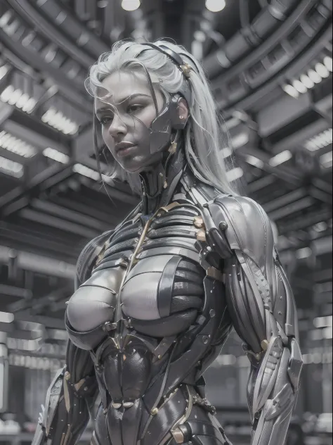 (borg queen:1.25), (muscular black borg queen metallic filigree intricate cybernetic skin tight muscle suit:1.5), (full body pos...