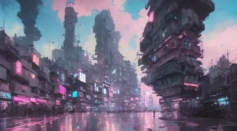melhor qualidade, ultra detailed illustration of a synthwave city, pink, blue, white, black, red, deformed clouds, Perfection, Cartoonish Vector, ((Jeremy Mann mixed with Giovanni Boldini, and Studio ghibli)), highly illustrated, Stunning environment