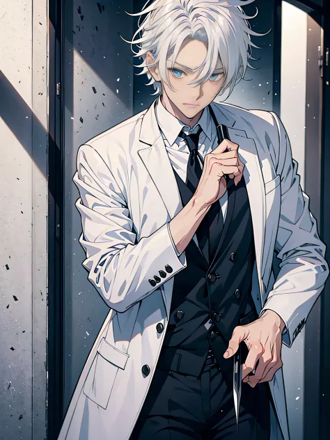Stylistic image of a man with white hair and a knife，White hair，White hair，he has dark grey hairs，White-haired god，Tall anime gu...