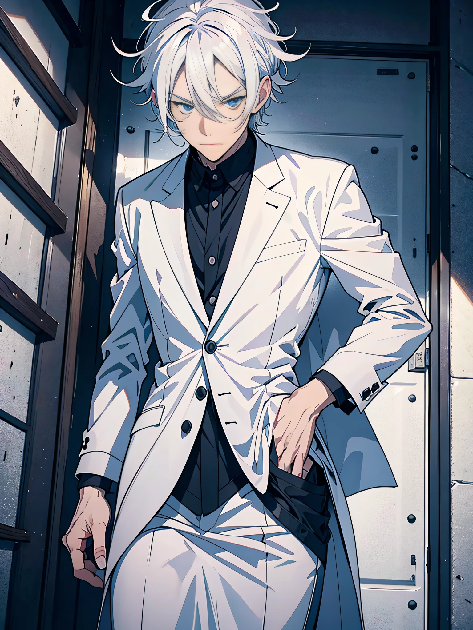 Stylistic image of a man with white hair and a knife，White hair，White hair，he has dark grey hairs，White-haired god，Tall anime guy with blue eyes，Best anime 4k，silber hair，Silver-haired madnesale anime style，whaite hair，whaite hair，messy wavy white hair，White-haired fox，Scalpel in hand