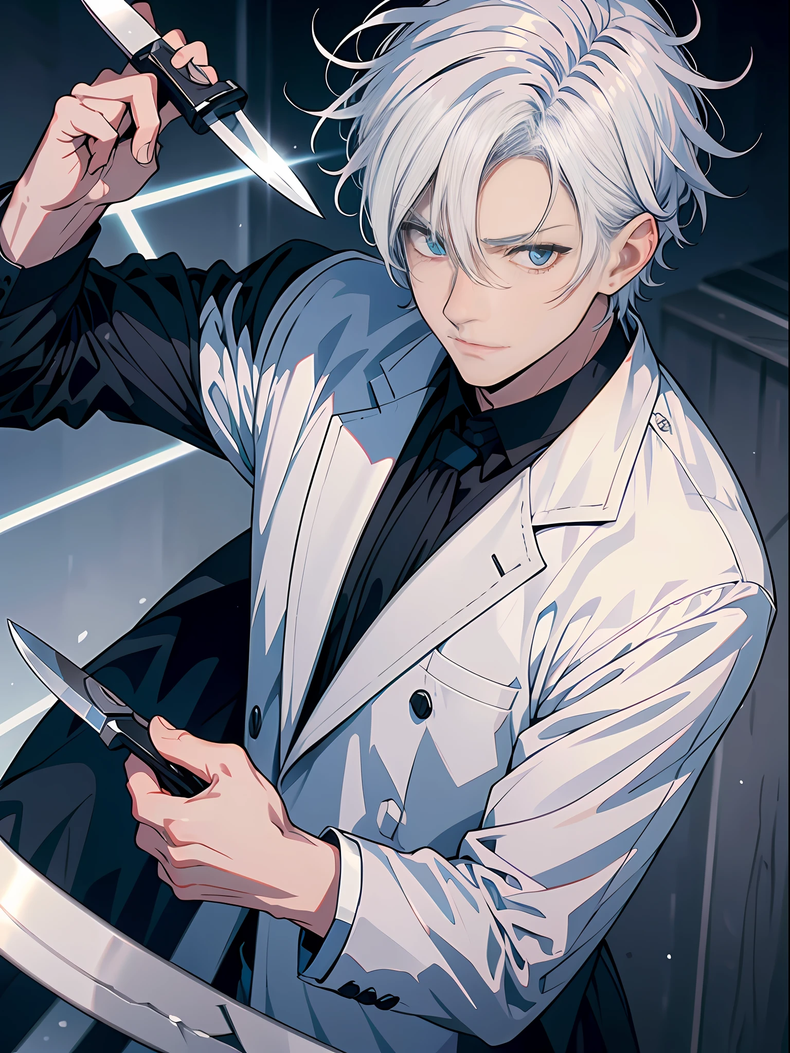 Stylistic image of a man with white hair and a knife，White hair，White hair，he has dark grey hairs，White-haired god，Tall anime guy with blue eyes，Best anime 4k，silber hair，Silver-haired madnesale anime style，whaite hair，whaite hair，messy wavy white hair，White-haired fox，Scalpel in hand