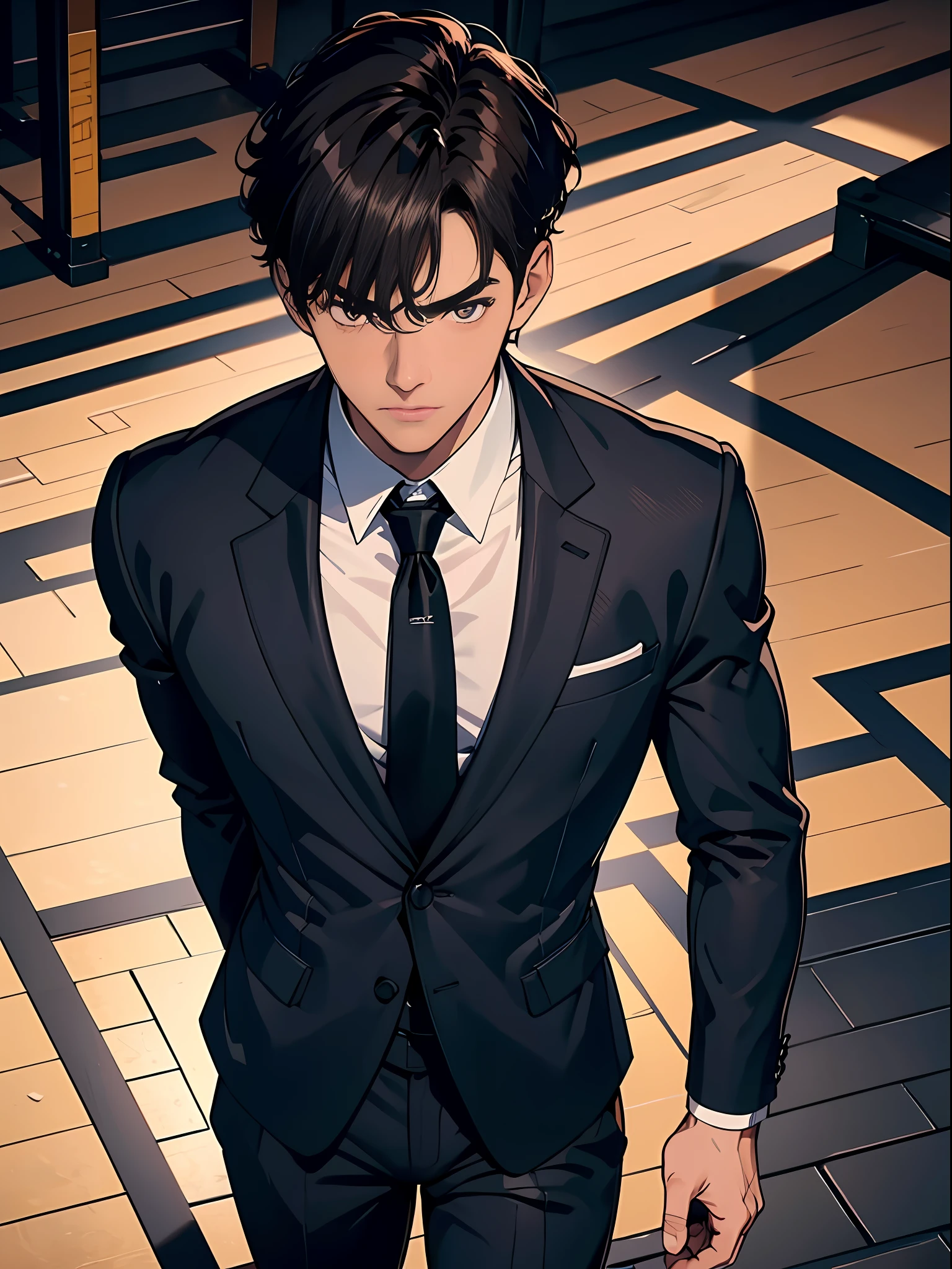 8K, Super detail, ccurate, Best quality, Best quality, High quality, hyper HD, Textured skin, Masterpiece，A boy，wearing black suits，brown  hair，muscle strong，Handsome，higher details，in  the gym