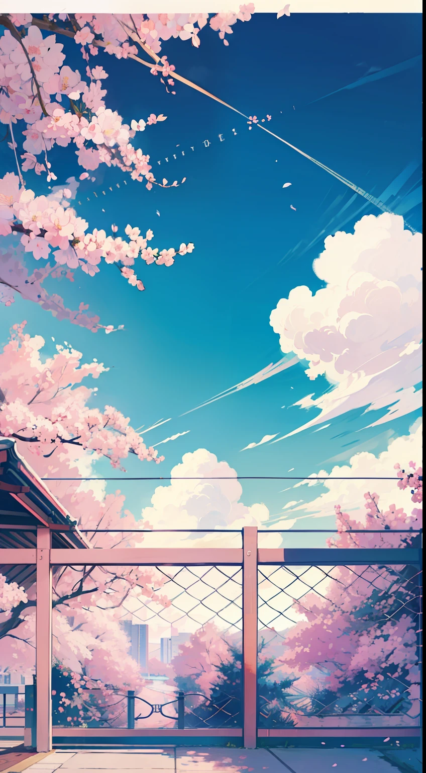 few cherry blossom and cloud only bg, 2d anime bg, simple, fresh, pastel blue and pink, simple bg, highschool rooftop pov, chain link fence