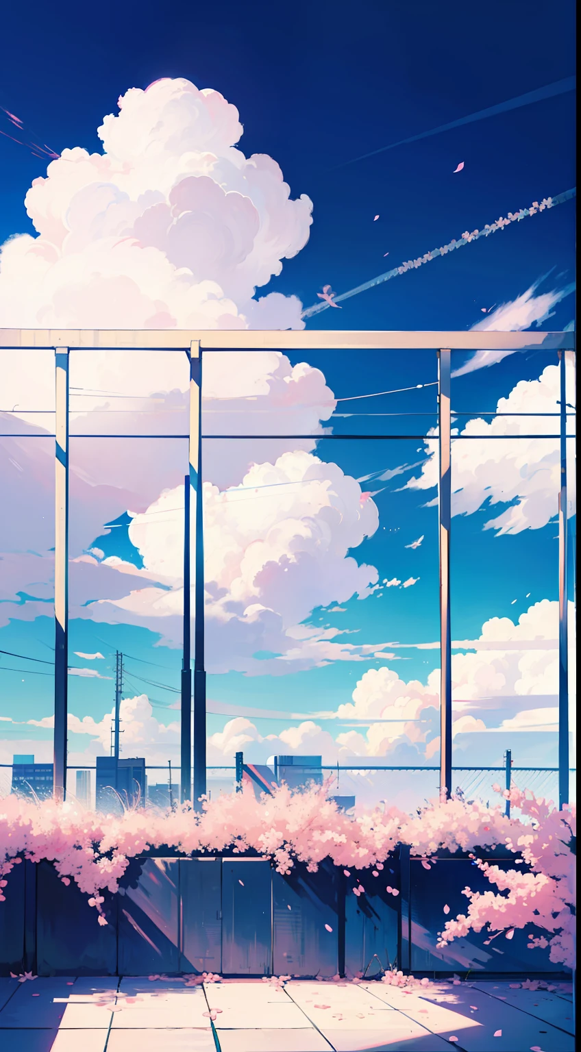 few cherry blossom and cloud only bg, 2d anime bg, simple, fresh, pastel blue and pink, simple bg, highschool rooftop pov, chain link fence