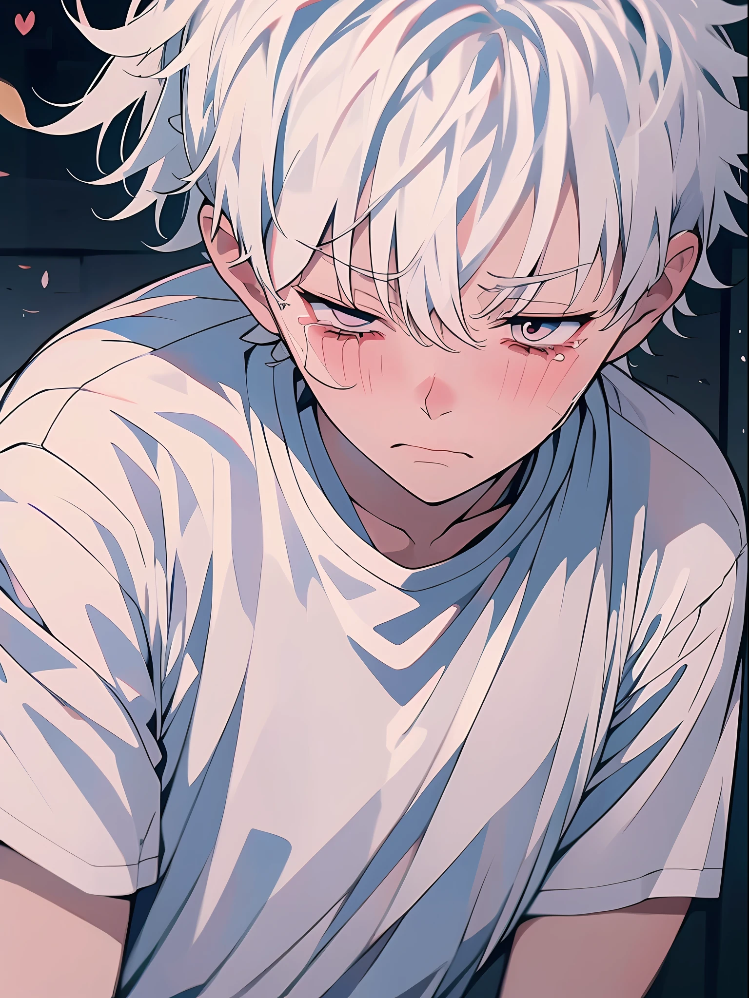 (動漫風格 + 軟萌可愛) 男生, 白色的頭髮, 白襯衫, 悲傷 + 哭, 地面 + 特寫, 眼淚.