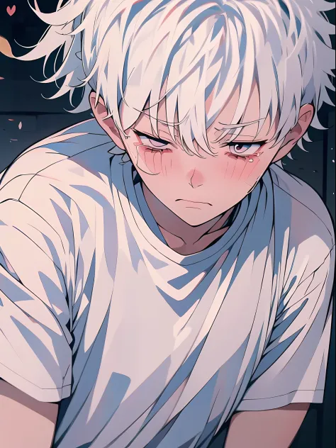 (anime style + soft cute) boy, white hair, white shirt, sadness + crying, ground + close-up, tears.