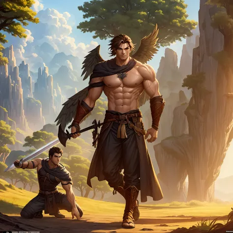 full body 2d animation, one man, stand in the middle on the grass, alaf male warrior with sword and wings in the forest, muscula...