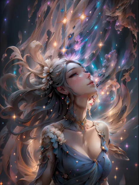 "A stunning woman adorned in a radiant dress amidst swirling galaxies