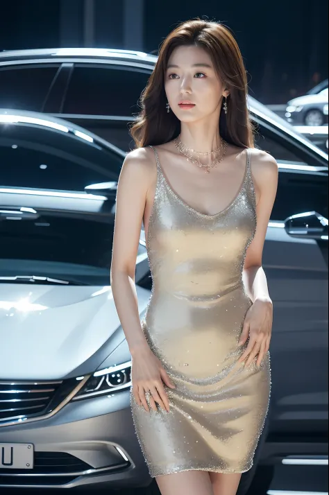 A charming car model wearing a glittering dress and a statement necklace stands next to an expensive concept car on display，Plac...