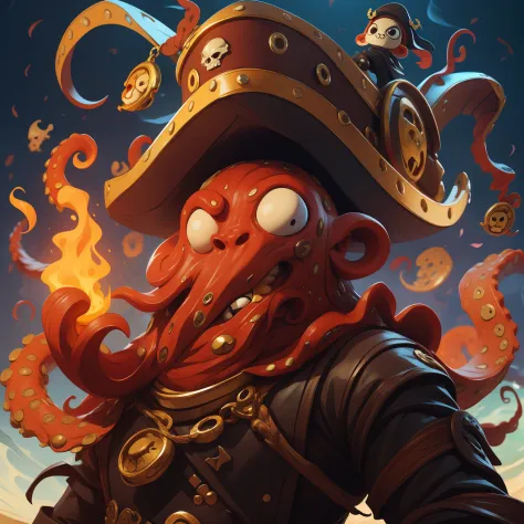 anthropomorphic octopus, ((octopus head, human body)), humanoid octopus, octopus pirate, concept art, action pose, fight pose, w...