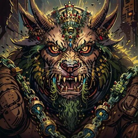 bugbear, humanoid, angry dog face, scary, brute, medieval monster, king, with rings