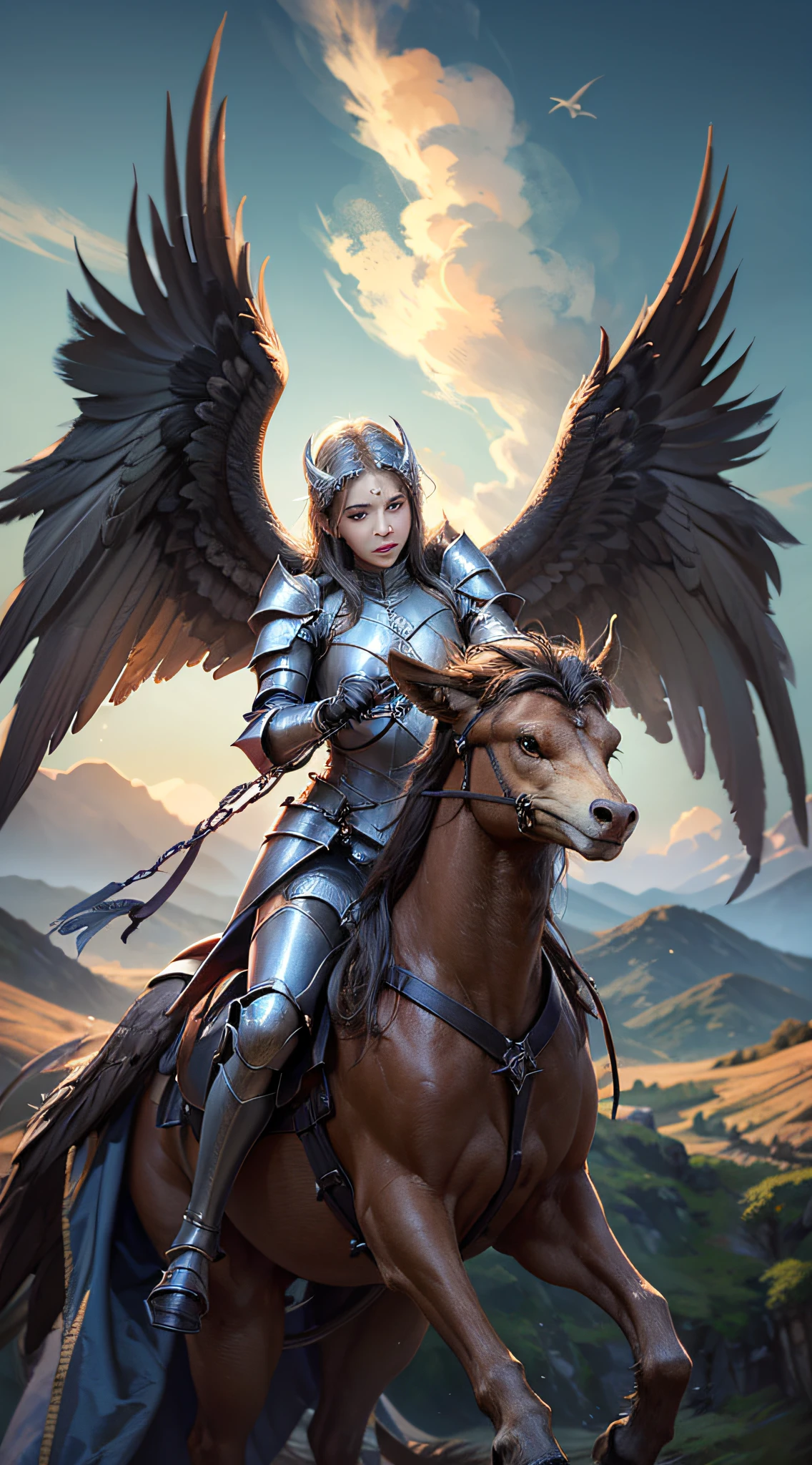 (Hyper-realistic), (illustratio), (A high resolution), (8k), (extremely higly detailed), (Most Best Illustration), (Beautiful and delicate eyes), (best qualtiy), (ultra - detailed), (tmasterpiece), ( the wallpaper), (Detailed face), 30 age old，A female knight，Dressed in armor，（Ride a griffin，Eagle-headed griffin，There are eagle wings on the back），（Castle forest in the background）