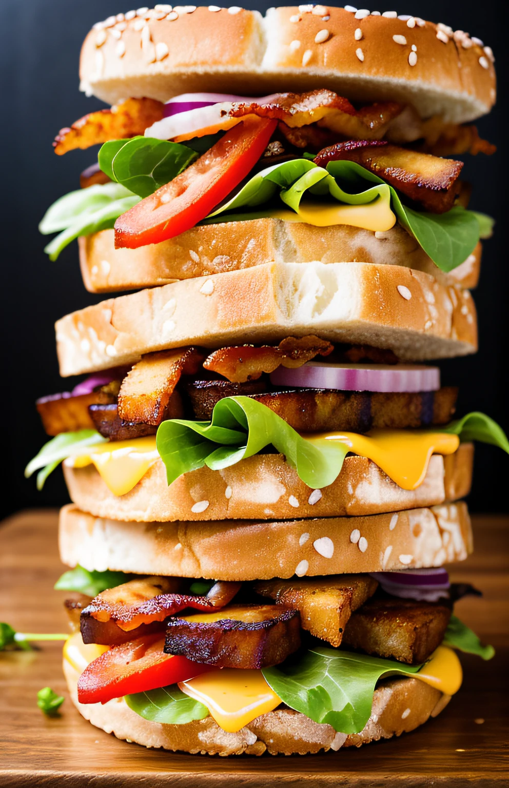 foto de um delicioso sanduíche BLT com bacon extra, (fundo de jantar rústico)+, pão de sementes, queijo de pimenta, (detalhes intrincados:1.12), HDR, (detalhes intrincados, hiperdetalhado:1.15)