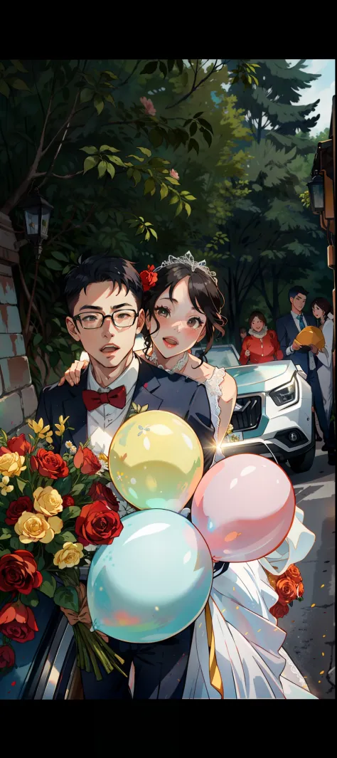 wedding gown，balloons，Battery car，fresh flowers