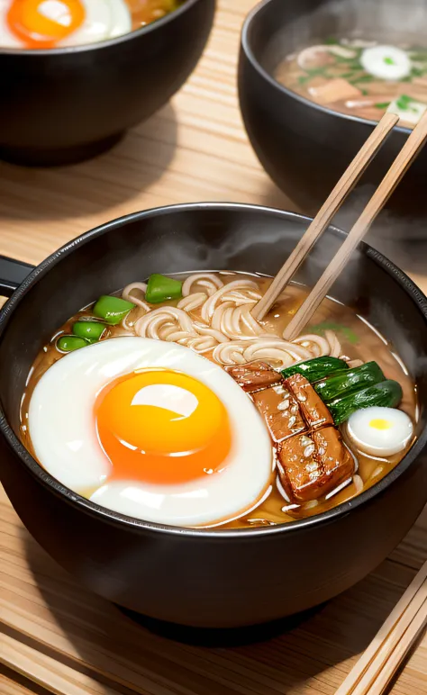 ultra detailed 8k cg, Japanese ramen, chopsticks, egg, steam