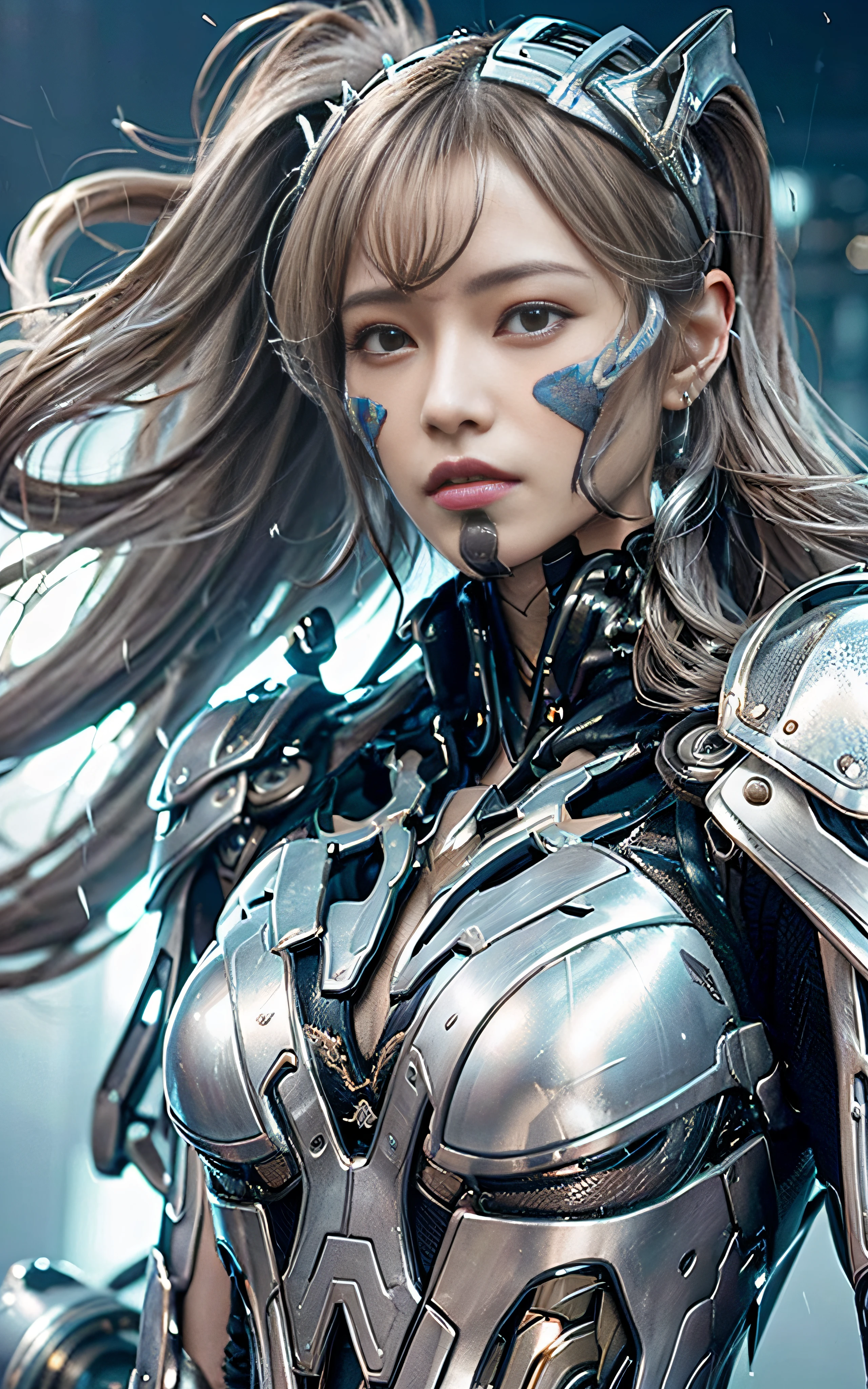 ​masterpiece, top-quality, hightquality, (the future:1.1), (Silver-ash colored cyberpunk suit), movie lights, (exquisite future), Beautiful and beautiful, ultra-detailliert, amazing composition, floating, depth of fields, (extremely details CG,Unity 8k壁纸), (beautiful detail background), beautiful hair details, dramatic lights, gogetta, mechs,Best Quality,超A high resolution,photoRealstic,tits out,cleavage of the breast,(Hair that flutters in the wind),((Angle from below)),(Angry look),((Fashion poses)),((thunder)),(Very strong wind),(Hair fluttering in strong wind),Wet,Spread your arms