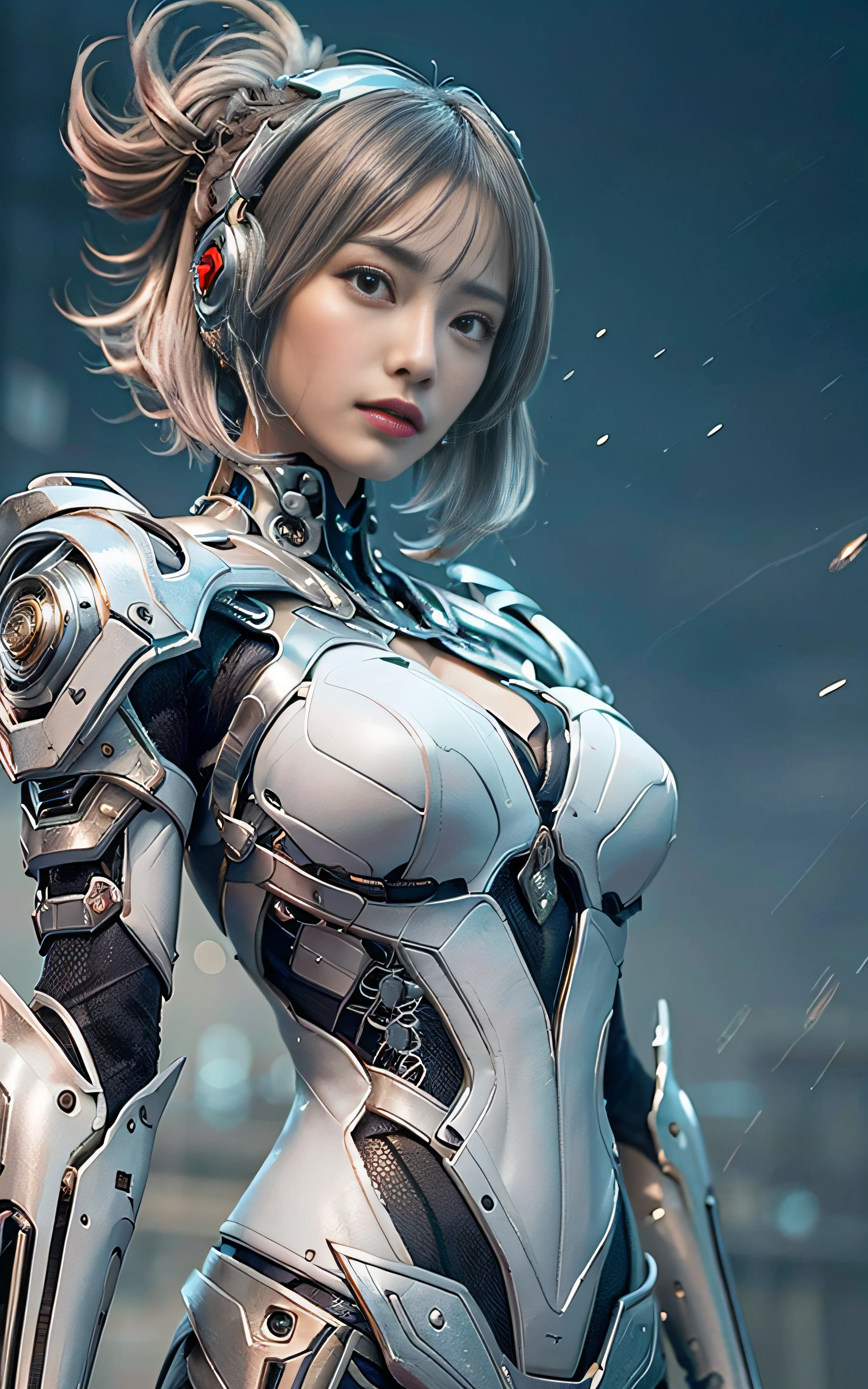 ​masterpiece, top-quality, hightquality, (the future:1.1), (Silver-ash colored cyberpunk suit), movie lights, (exquisite future), Beautiful and beautiful, Ultra-detail, amazing composition, floating, depth of fields, (extremely details CG,Unity 8k Wallpaper), (beautiful detail background), beautiful hair details, Very short,Short hair dramatic light, gogetta, mechs,Best Quality,超A high resolution,photoRealstic, out,cleavage of the breast,(Hair that flutters in the wind),((Angle from below)),(Angry look),(Fashion poses),((Thunder)),(Very strong wind),(Hair fluttering in strong wind),wet,