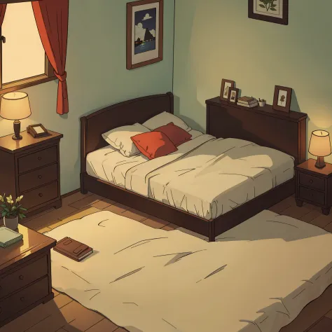 There is a cozy bedroom with a bed,