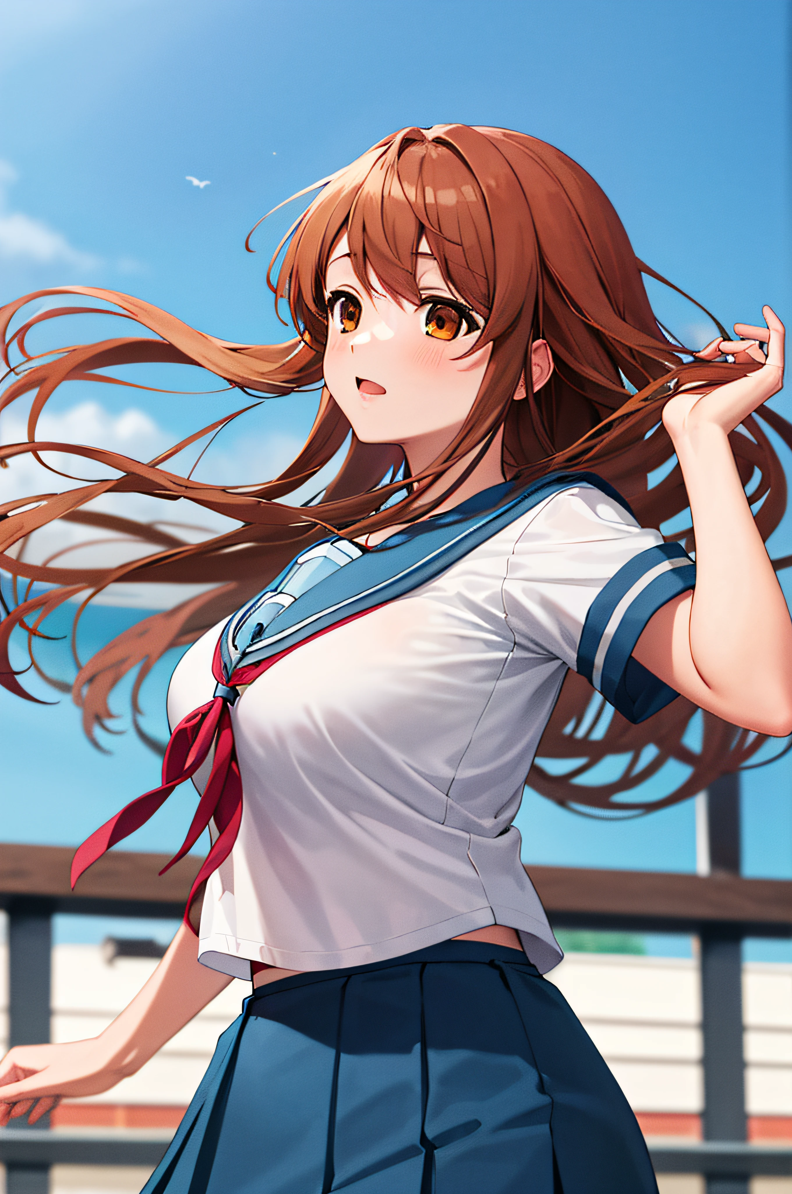 masterpiece, best quality, highres, mikuru1, 1girl, asahina mikuru, long hair, kita high school uniform, solo, blue sailor collar, sailor collar, serafuku, blue skirt, skirt, short sleeves, red ribbon, large breasts,