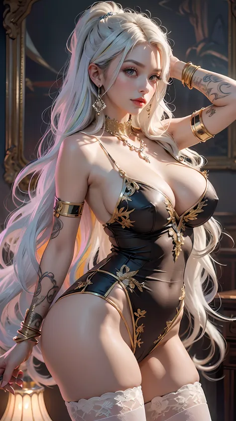 (((multicolored hair, [white hair])))), ultra realistic 8k CG, perfect face, flawless, clean, masterpiece, professional artwork, famous art, cinematic lighting, cinematic flower, perfect face, beautiful face, beautiful eyes, (((perfect female body, narrow ...