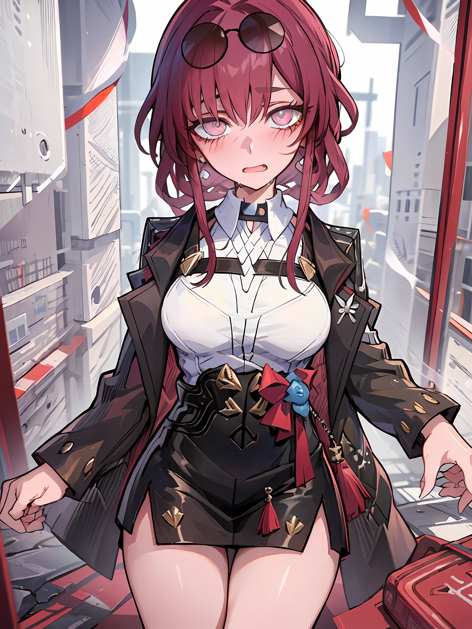 ((masterpiece,best quality)), highres, 1girl, Kafka, love in eyes, blushing, shyness, drooling, rolling eyes, long sleeves, miniskirt, big breasts