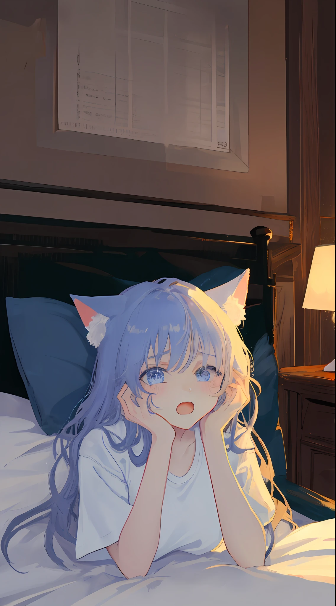 masutepiece,Best Quality,ultra-detailliert,Two hands,Two legs,5 digits,best faces,1 girl,Blue Long Hair,timid,Cat ears,pale blue eyes, Height 145cm,Small breasts,Big shirt,Yawn, Stretch your body,Close one eye,Teary-eyed, on the bed,Light coming in through the window