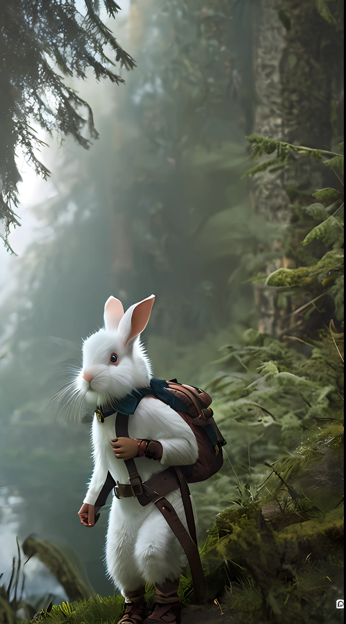 Classic negative portrait photo, fantasy video game character concept art, a cute white fluffy rabbit with a small brown leather backpack looking at a map hiking through the forest, dungeons and dragons, fantasy, river, haze, halo, Bloom, dramatic atmosphere, dark fantasy film of the 1970s, centered, rule of thirds