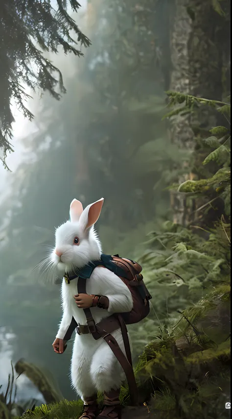 Classic negative portrait photo, fantasy video game character concept art, a cute white fluffy rabbit with a small brown leather backpack looking at a map hiking through the forest, dungeons and dragons, fantasy, river, haze, halo, Bloom, dramatic atmosphe...