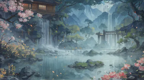An incredibly detailed and photorealistic CG unity 8K wallpaper, the beauty of a classical Chinese garden, The stunning landscape features a serene lake and river surrounded by lush vegetation and majestic trees, natural light, blue sky, fluffy clouds, wat...