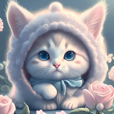 In this ultra-detailed CG art, the adorable kitten surrounded by ethereal roses, best quality, high resolution, intricate details, fantasy, cute animals