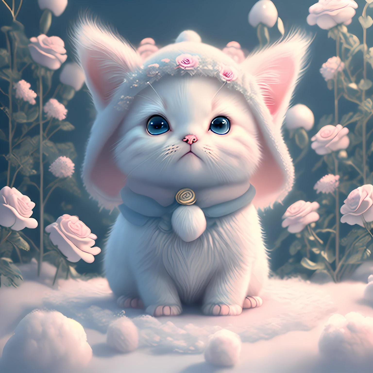 Dans cet art CG ultra détaillé, l&#39;adorable chaton entouré de roses éthérées, meilleure qualité, Haute résolution, Détails complexes, fantaisie, Animaux mignons