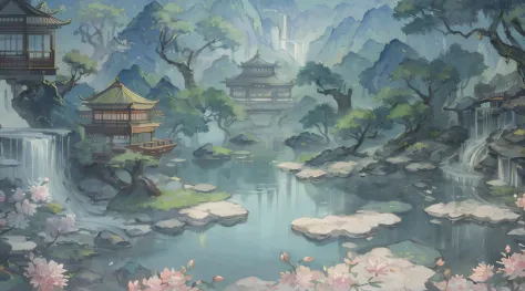 An incredibly detailed and photorealistic CG unity 8K wallpaper, the beauty of a classical Chinese garden, The stunning landscape features a serene lake and river surrounded by lush vegetation and majestic trees, natural light, blue sky, fluffy clouds, wat...