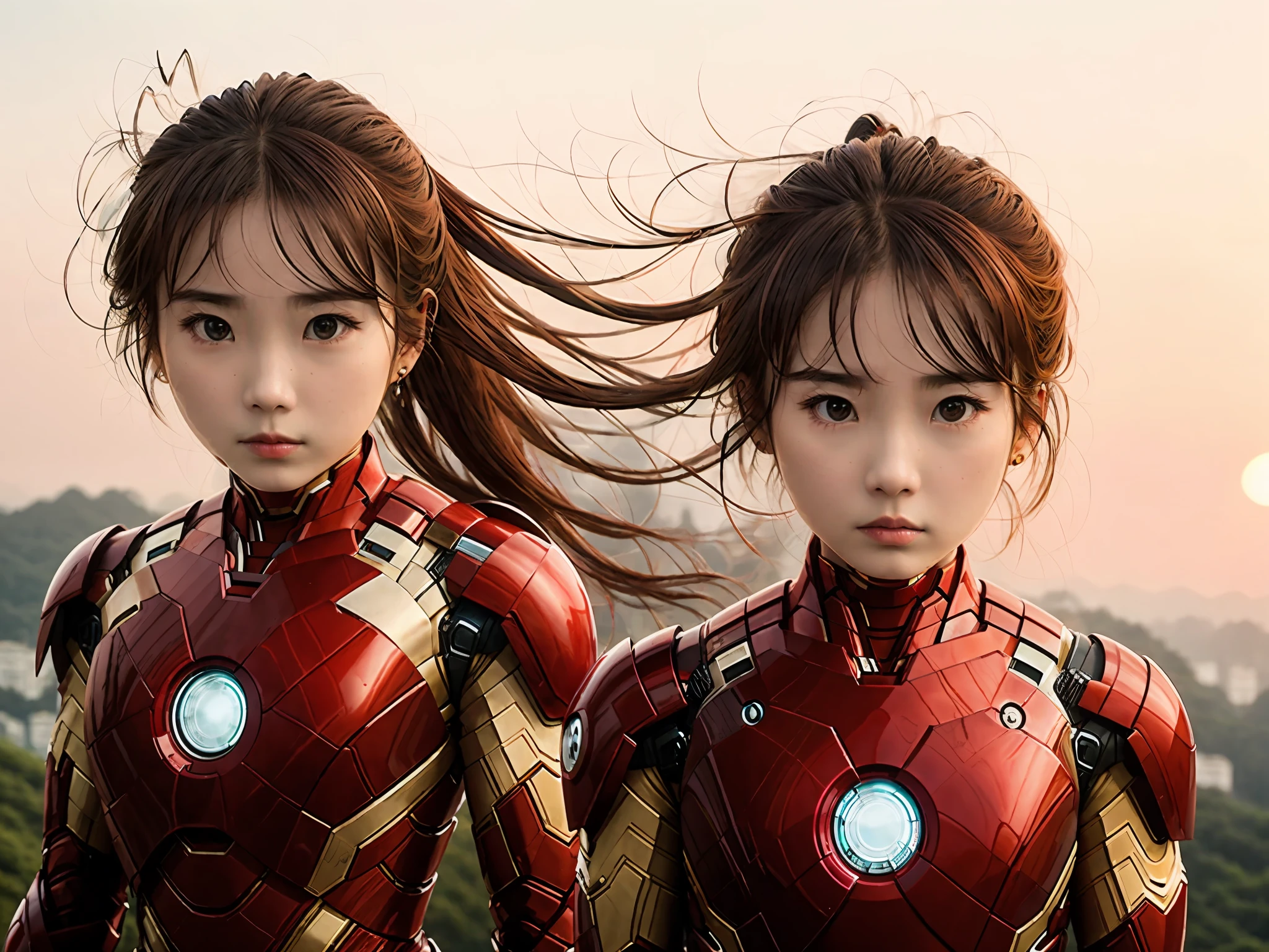 Iron Man, niña de 18 años, cara lateral súper realista china, mirada de cuerpo entero a lo lejos, mirada a lo lejos, anochecer