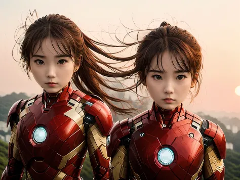 Iron Man 18 years old girl Chinese super realistic side face full body gaze into the distance look into the distance dusk