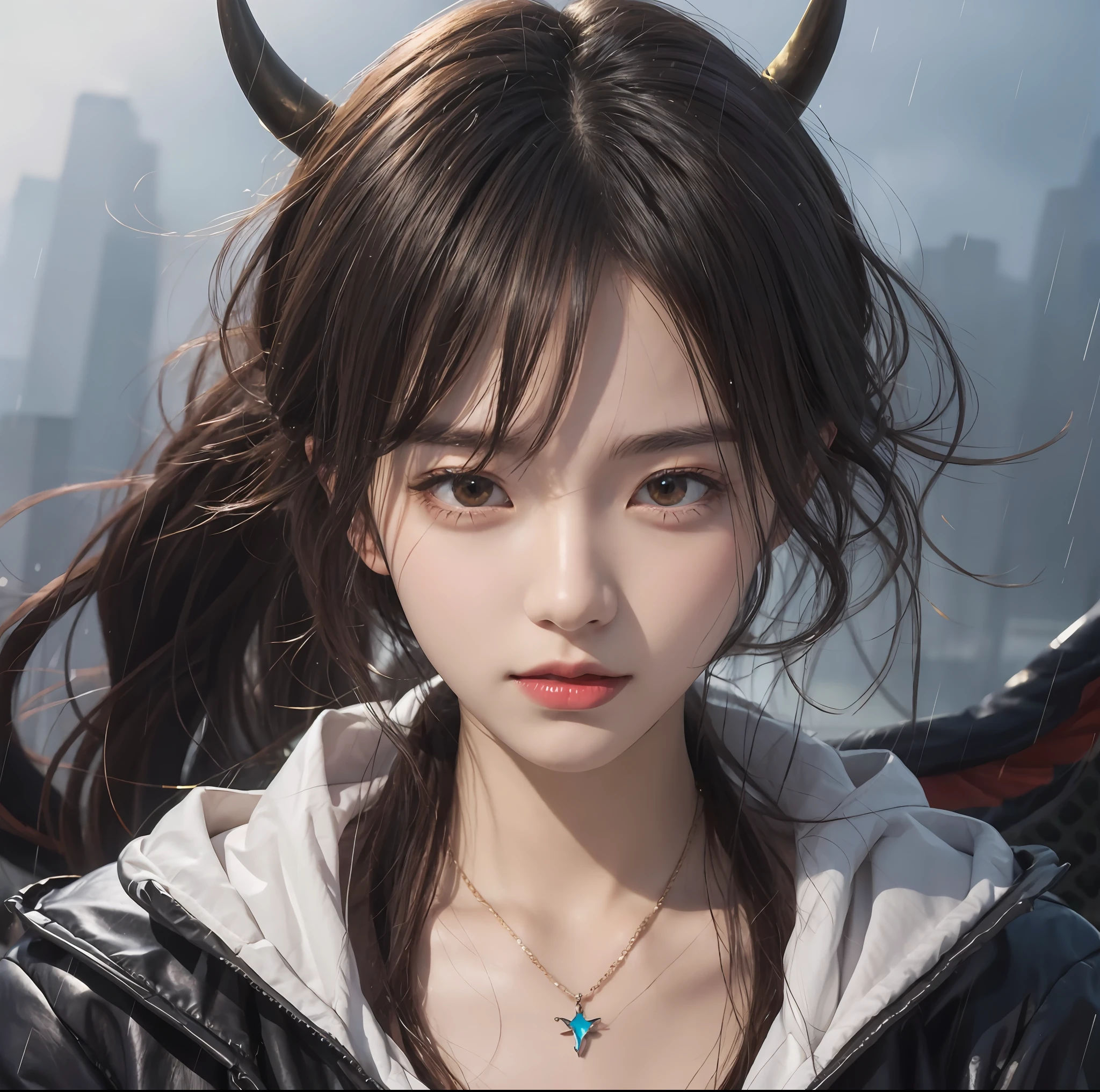 Anime girl with horns and necklace in the rain, Guviz-style artwork, Stunning anime face portrait, style of anime4 K, Detailed digital anime art, detailed portrait of an anime girl, by Yang J, Fanart Meilleure ArtStation, portrait of demon girl, Anime style. 8K, demon anime girl, Guviz, a beautiful anime portrait，The hair is more detailed