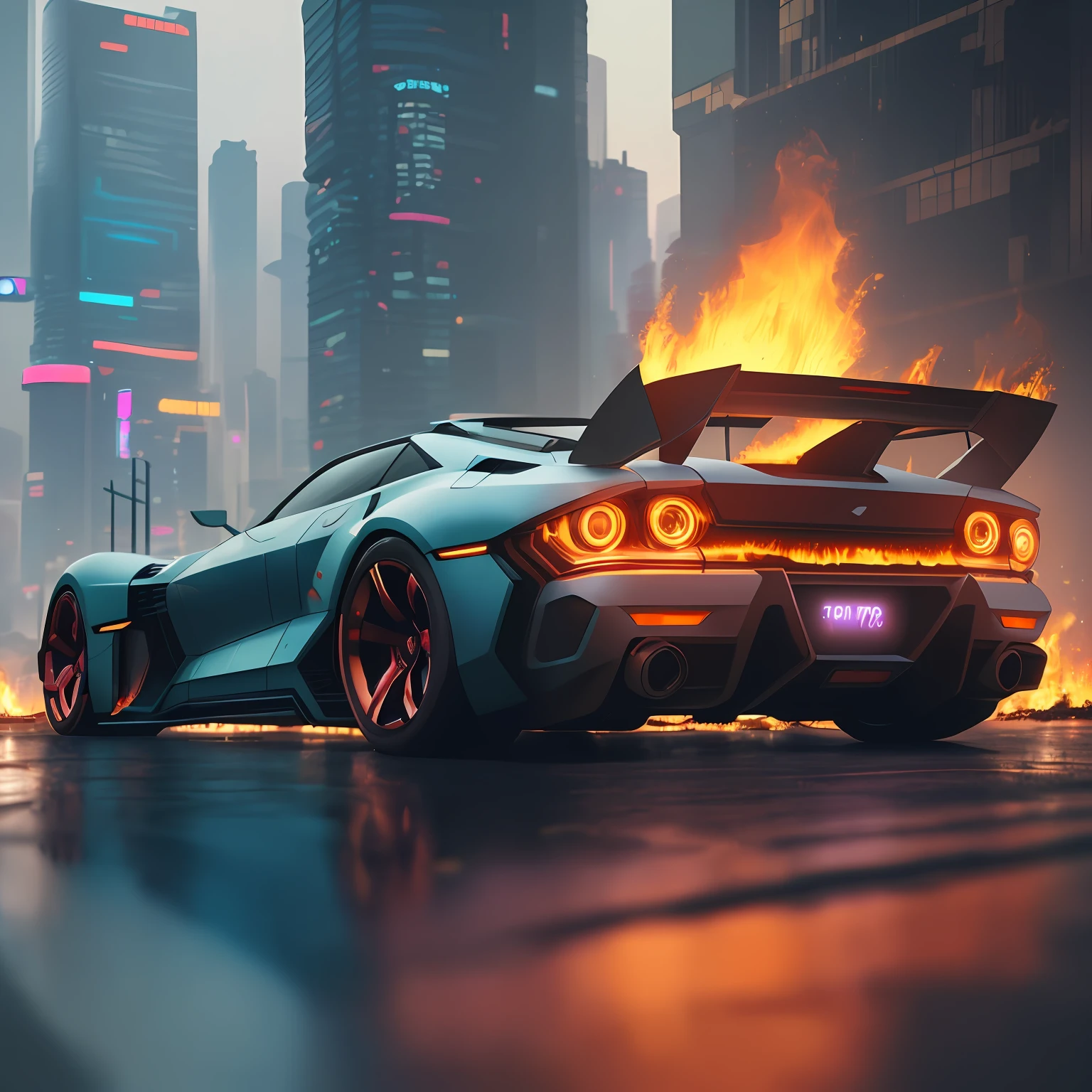 ((cyberpunk futuristic car on fire)) ((Realistische Beleuchtung, beste Qualität, 8K, Meisterwerk:1.3)) Fokus:1.2,Geformte Bauchmuskeln:1.1, (draussen, Wasserlage:1.1), Stadtstraße,