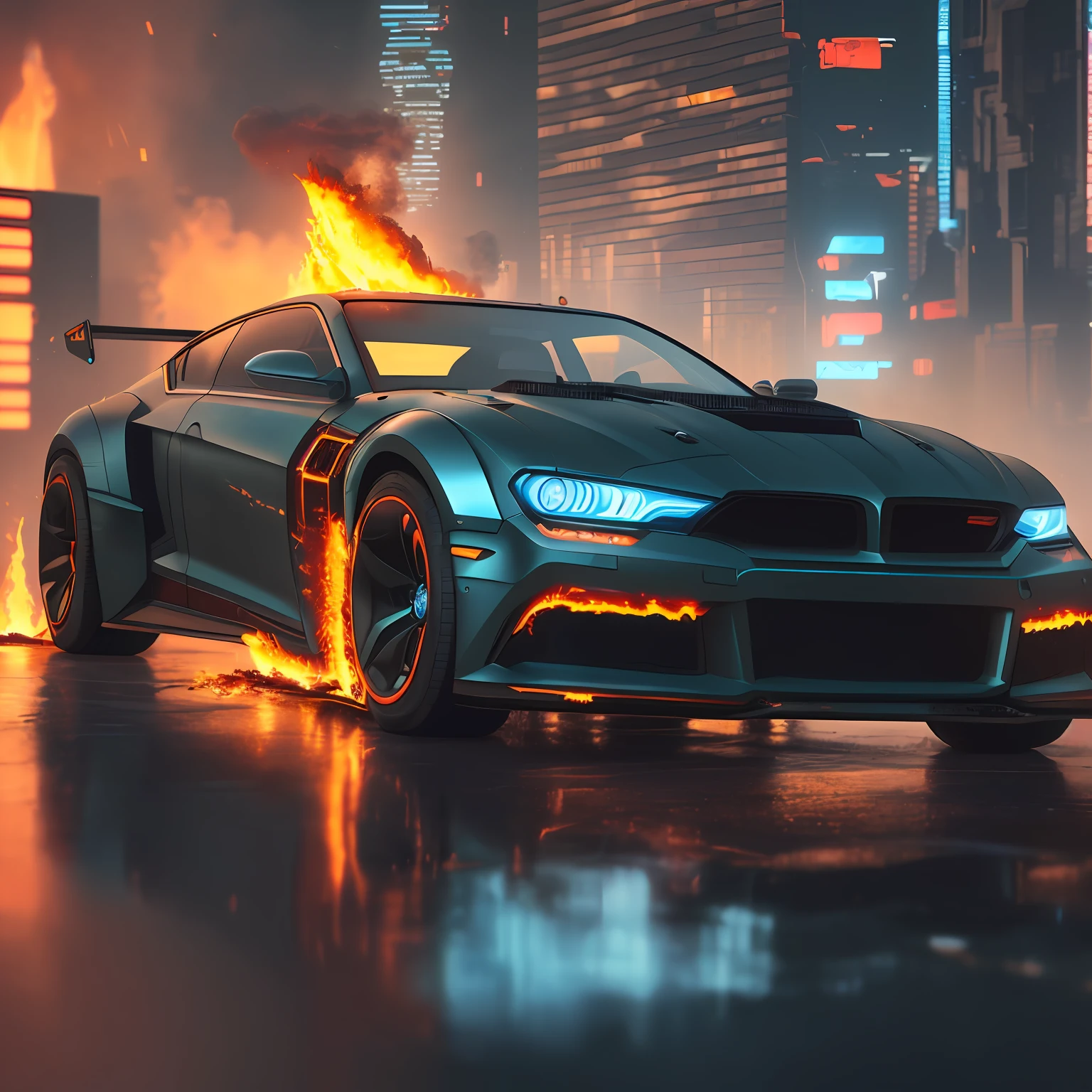 ((cyberpunk futuristic car on fire)) ((Realistic Lighting, Best Quality, 8K, Masterpiece:1.3)) Focus:1.2,Carved Abs:1.1, (Outdoor, Waterfront:1.1), City Street,