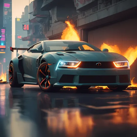 ((cyberpunk futuristic car on fire)) ((Realistic Lighting, Best Quality, 8K, Masterpiece:1.3)) Focus:1.2,Carved Abs:1.1, (Outdoo...